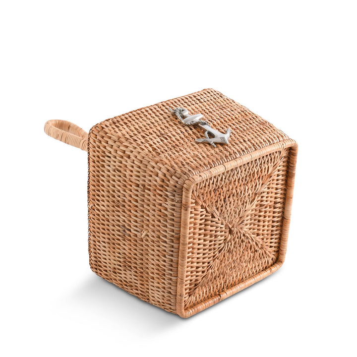 Rattan Anchor Flatware Caddy - Natural Rattan w pewter anchor - 4 compartments - rattan handle - Coastal Compass Home Decor