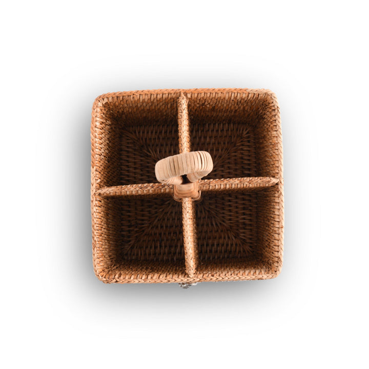 Rattan Anchor Flatware Caddy - Natural Rattan w pewter anchor - 4 compartments - rattan handle - Coastal Compass Home Decor