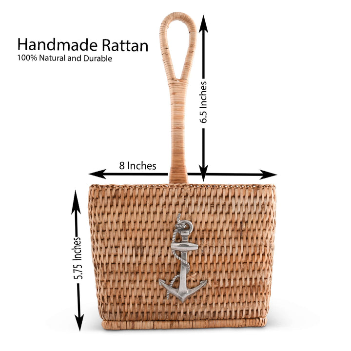 Rattan Anchor Flatware Caddy - Rattan w/ pewter anchor emblem - rattan handle - 4 compartments - Coastal compass home decor