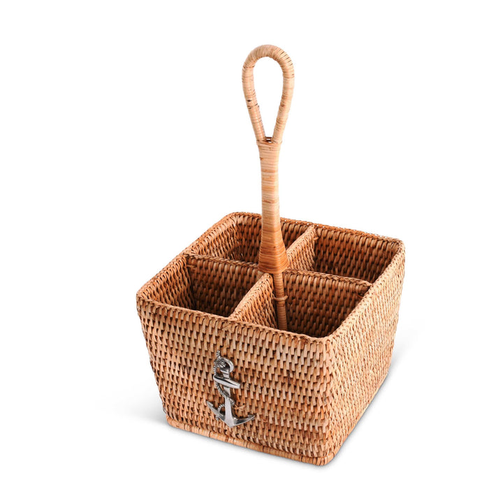 Rattan Anchor Flatware Caddy - Natural Rattan w pewter anchor - 4 compartments - rattan handle - Coastal Compass Home Decor