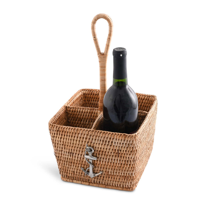 Rattan Anchor Flatware Caddy - Natural Rattan w pewter anchor - 4 compartments - rattan handle - Coastal Compass Home Decor
