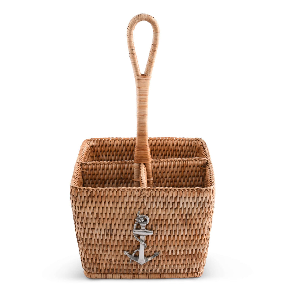 Rattan Anchor Flatware Caddy - Natural Rattan w pewter anchor - 4 compartments - rattan handle - Coastal Compass Home Decor