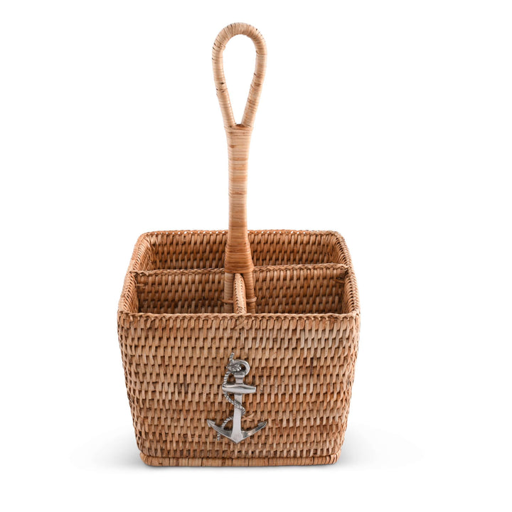 Rattan Anchor Flatware Caddy - Natural Rattan w pewter anchor - 4 compartments - rattan handle - Coastal Compass Home Decor
