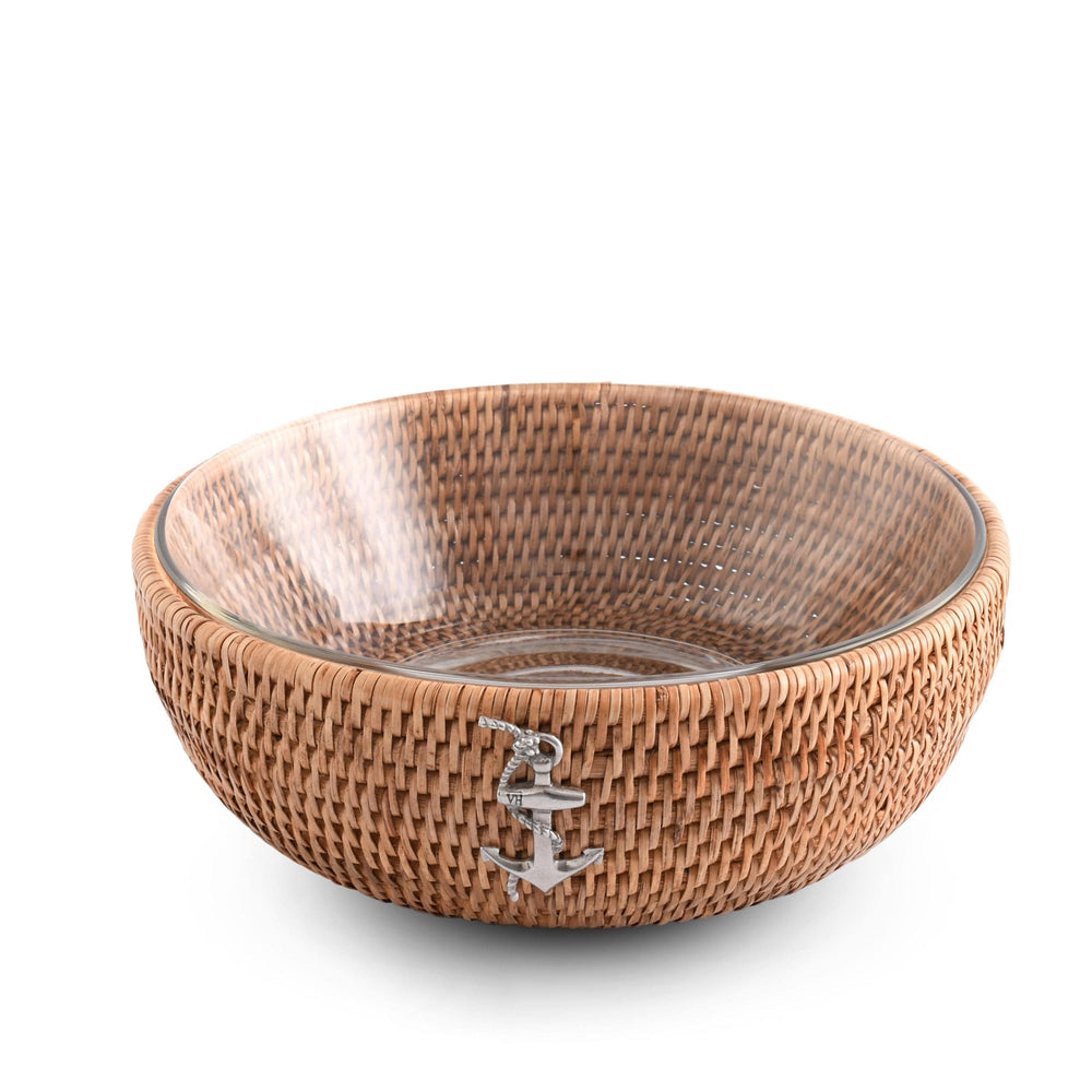 Rattan Anchor Serving Bowl  - Natural Rattan - Glass Bowl - Pewter Anchor Emblem - Coastal Compass Home decor
