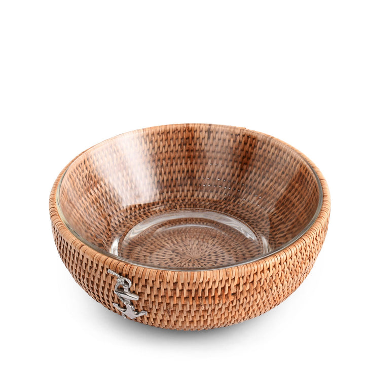 Rattan Anchor Serving Bowl  - Natural Rattan - Glass Bowl - Pewter Anchor Emblem - Coastal Compass Home decor