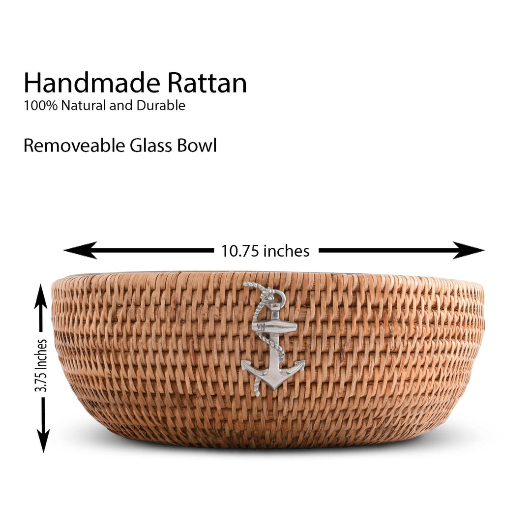 Rattan Anchor Serving Bowl  - Natural Rattan - Glass Bowl - 10.75 in diameter - Pewter Anchor Emblem - Coastal Compass Home decor