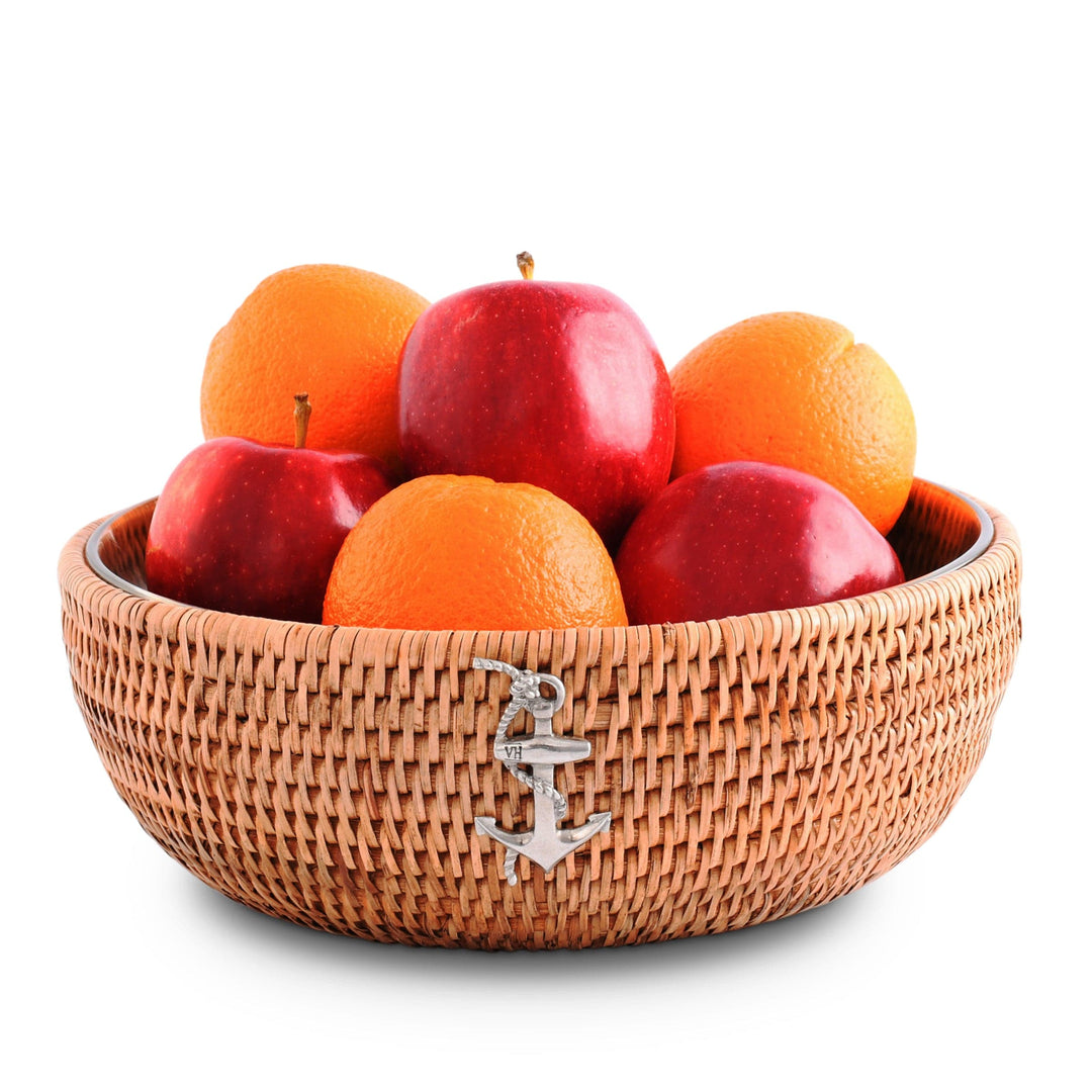 Rattan Anchor Serving Bowl  - Natural Rattan - Glass Bowl - Pewter Anchor Emblem - Coastal Compass Home decor