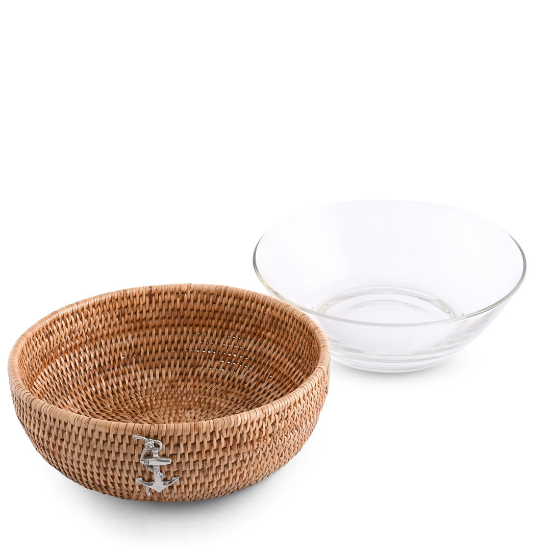 Rattan Anchor Serving Bowl  - Natural Rattan - Removable Glass Bowl - Pewter Anchor Emblem - Coastal Compass Home decor