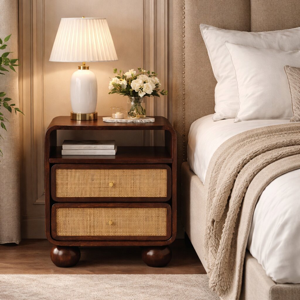 Rattan &amp; Walnut Nightstand