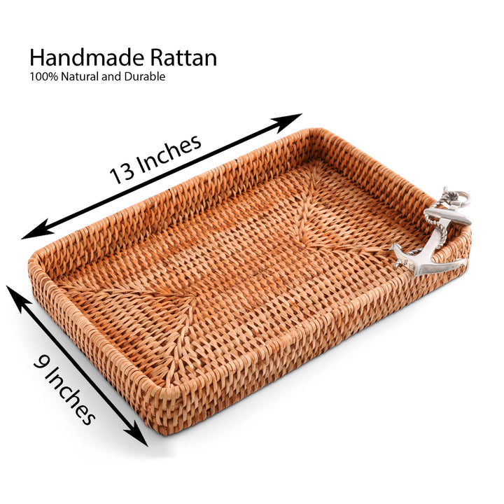 Woven Rattan Rectangle Anchor Tray - Rattan - Anchor Emblem - 12" x 9" - Coastal Compass Home Decor