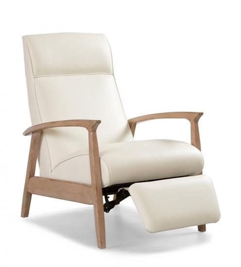 Retro Recliner White Leather & Stone Wood Finish - Reclining foot rest - Coastal Compass Home Decor