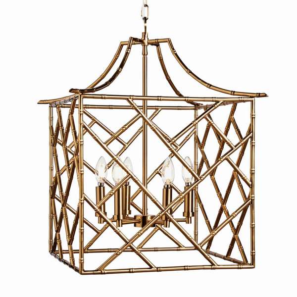 Brass geometric chandelier on a white background