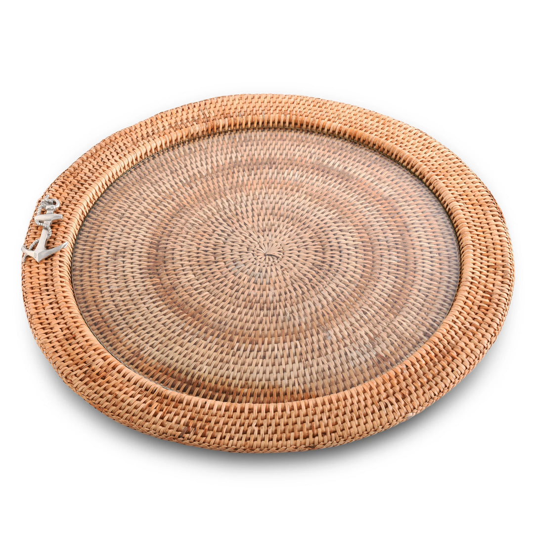 Hand Woven Rattan Anchor Tray w/ Glass Insert - Round Tray - Anchor Emblem - Glass Insert - Coastal Compass Home Decor