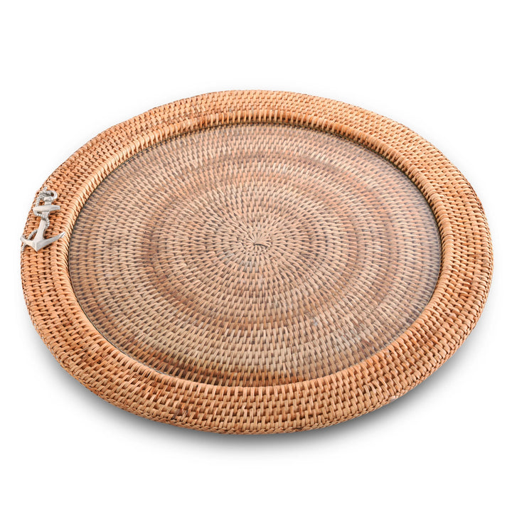 Hand Woven Rattan Anchor Tray w/ Glass Insert - Round Tray - Anchor Emblem - Glass Insert - Coastal Compass Home Decor