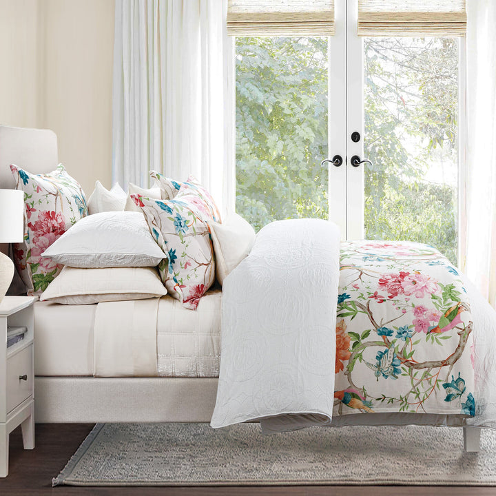 Rowan Washed Linen Bedding Set - Floral design w/ birds on branches - colorful - Coastal Compass Home Decor
