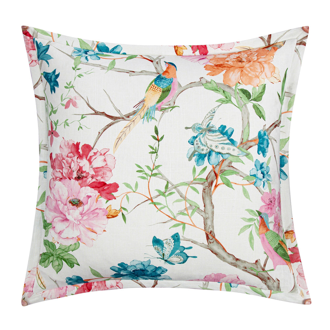 Rowan Euro Sham - Floral design with vibrant birds on branches - white background - Coastal Compass Home Decor