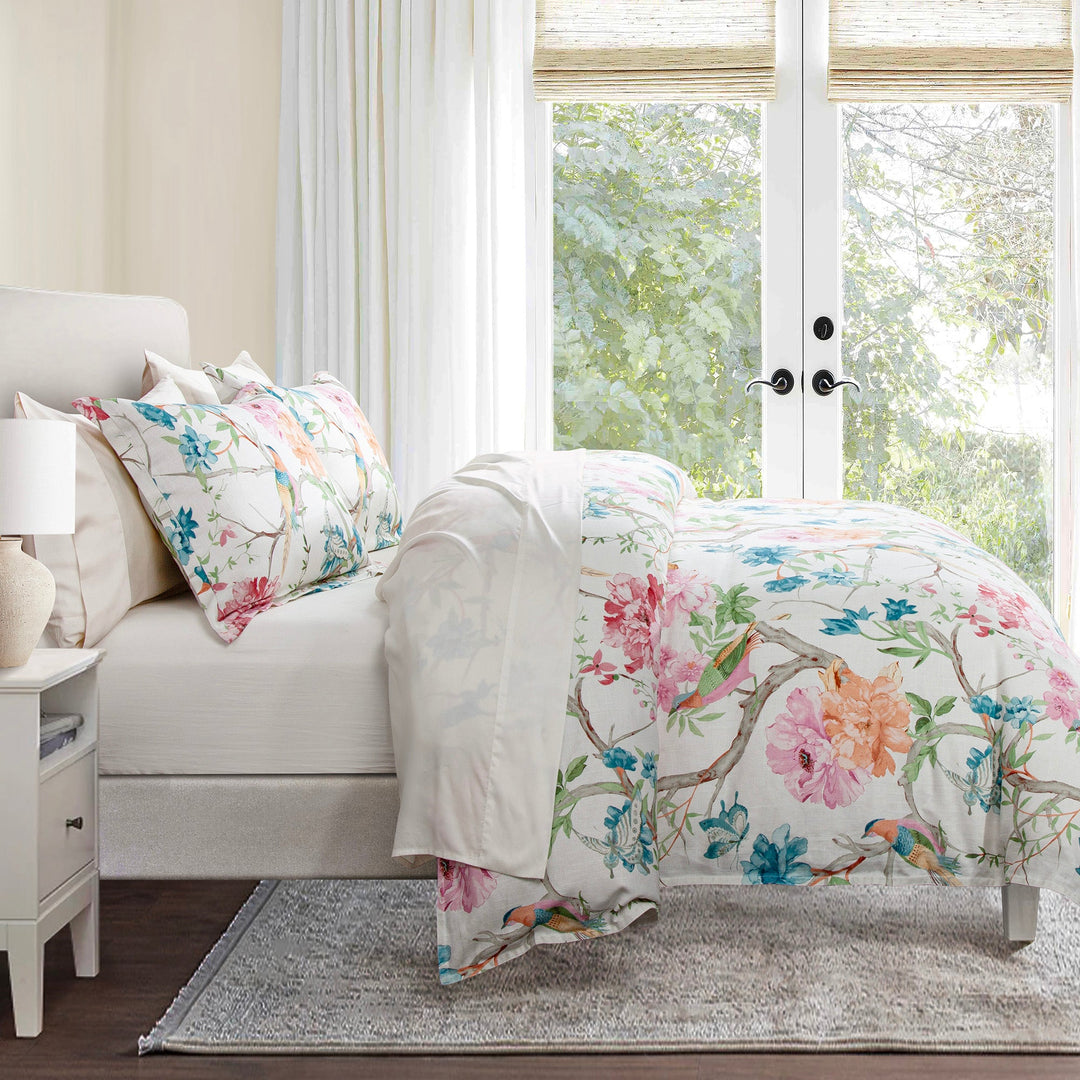 Rowan Washed Linen Bedding Set - Floral design w/ birds on branches - colorful - Coastal Compass Home Decor