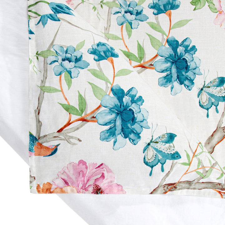 Rowan Washed Linen Bedding Set - Floral design w/ birds on branches - colorful - Coastal Compass Home Decor