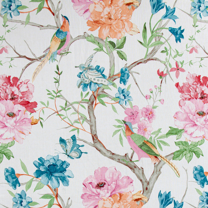 Rowan Washed Linen Fabric Design - Floral design w/ birds on branches - pink, blues, greens, orange on crisp white - Coastal Compass Home Decor