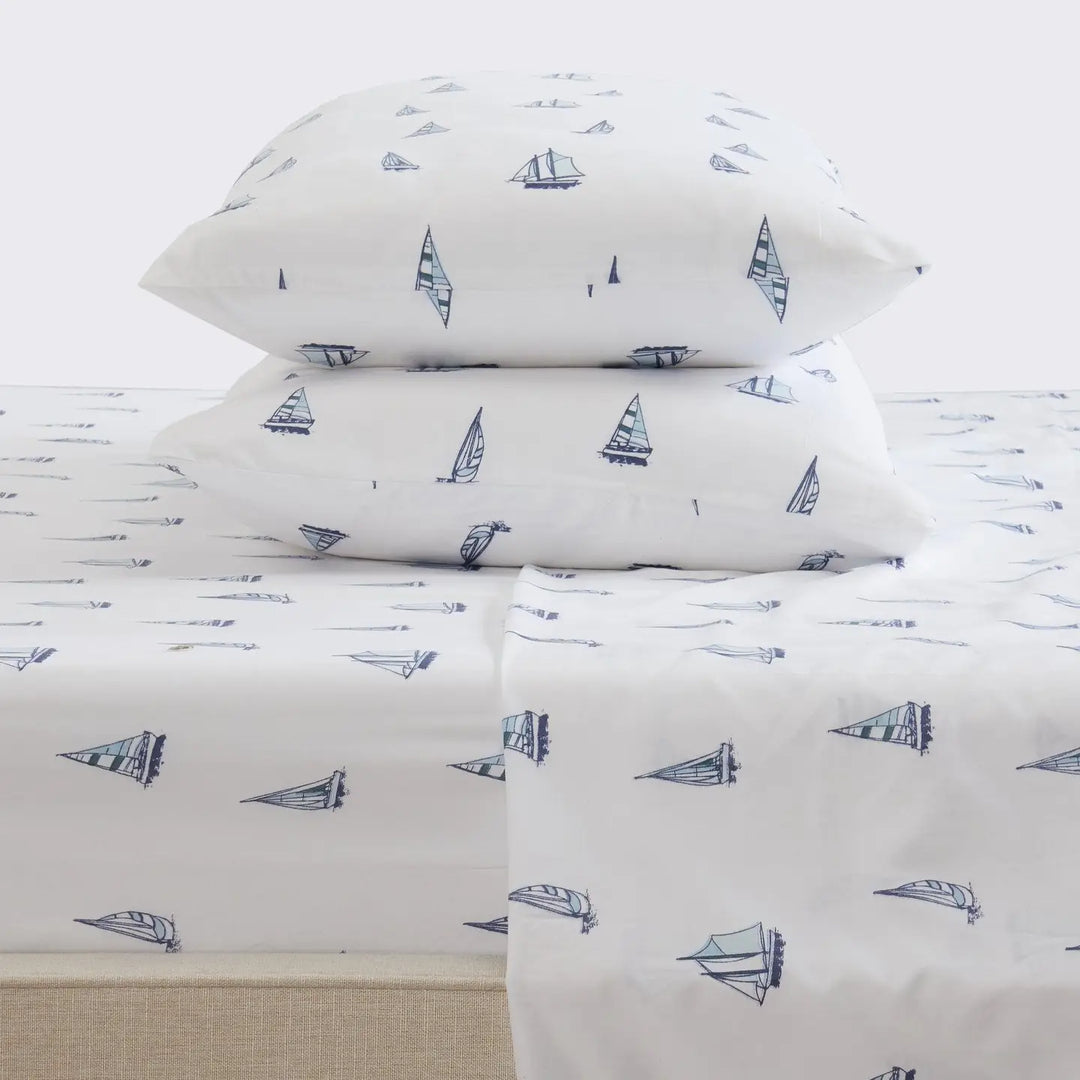 Microfiber Sailboats Sheet Set - Dark & Light Blue Sailboats on White - Coastal Compass Home Decor