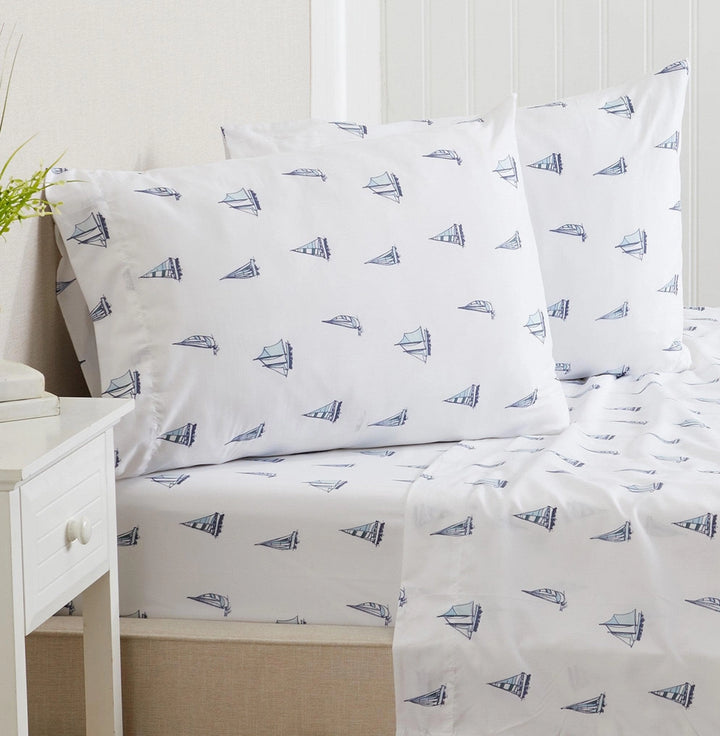 Microfiber Sailboats Sheet Set - Dark & Light Blue Sailboats on White - Coastal Compass Home Decor