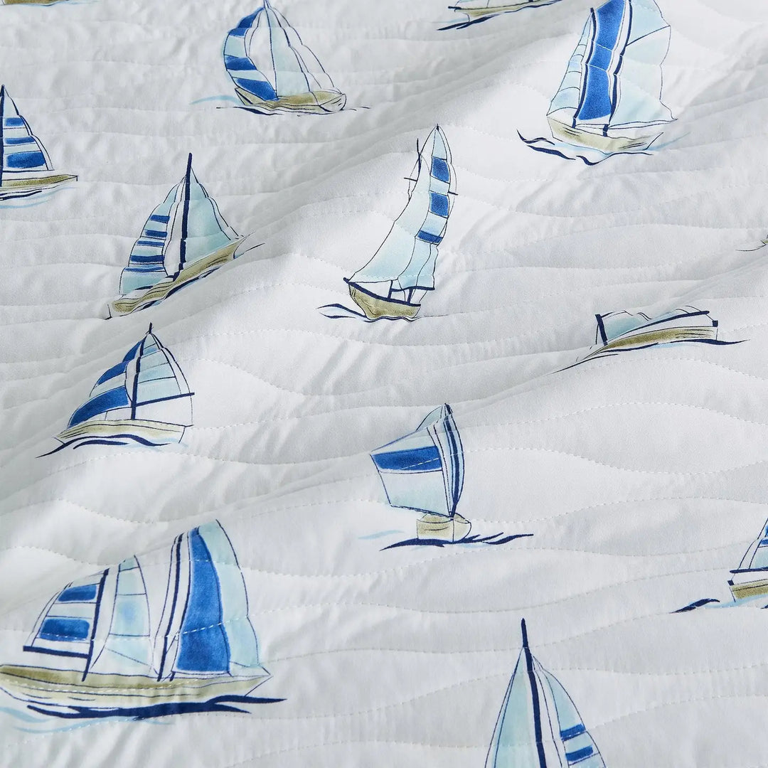 Sailboats Reversible Quilt Set - Blue Sailboats on white - Wave like quilt stitching - Blue Polka Dot Reverse - Coastal Compass Home Decor