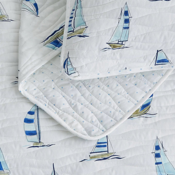 Sailboats Reversible Quilt Set - Blue Sailboats on white - Wave like quilt stitching - Blue Polka Dot Reverse - Coastal Compass Home Decor