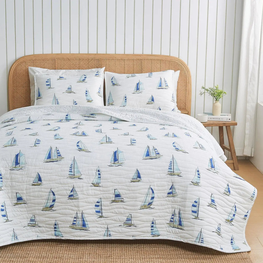 Sailboats Reversible Quilt Set - Blue Sailboats on white - Wave like quilt stitching - Coastal Compass Home Decor