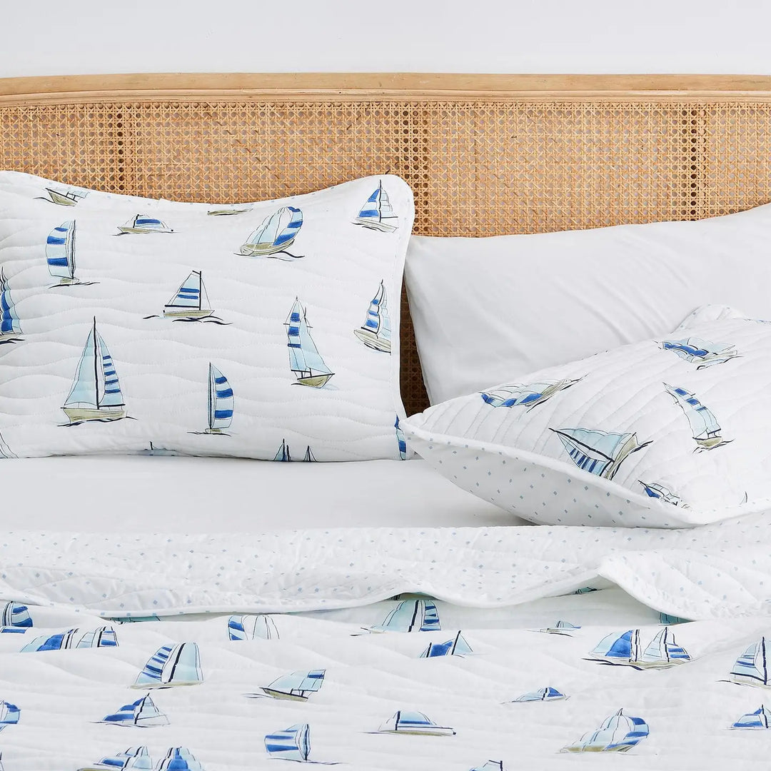 Sailboats Reversible Quilt Set - Blue Sailboats on white - Wave like quilt stitching - Blue Polka Dot Reverse - Coastal Compass Home Decor