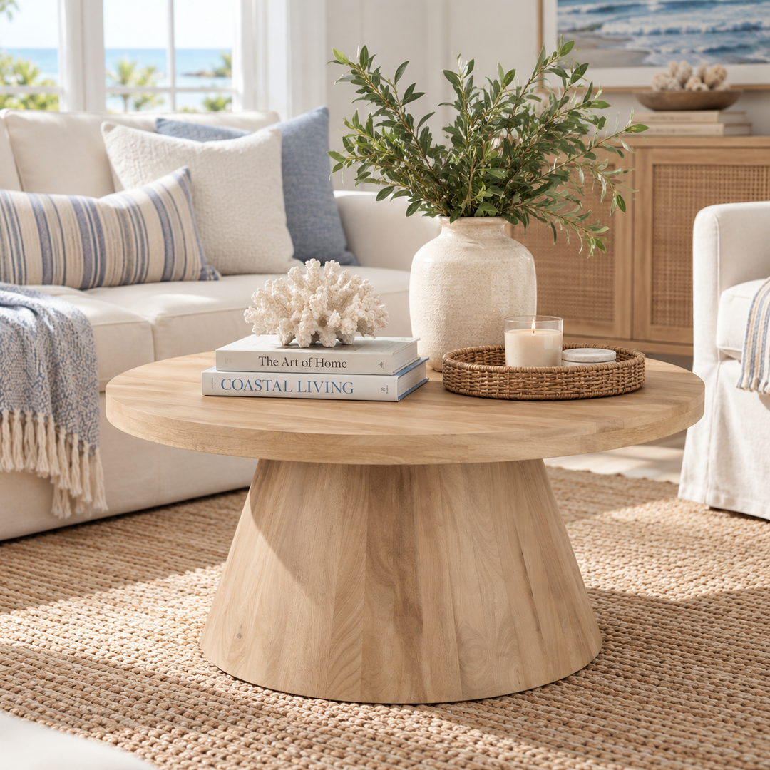 A round light wood coffee table with a tapered pedestal base in a bright, modern living room. The table is styled with a cream ceramic vase of greenery, a stack of books, a coral shell decor piece, and a small wicker tray with a candle.