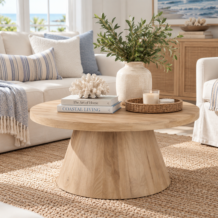 A round light wood coffee table with a tapered pedestal base in a bright, modern living room. The table is styled with a cream ceramic vase of greenery, a stack of books, a coral shell decor piece, and a small wicker tray with a candle.