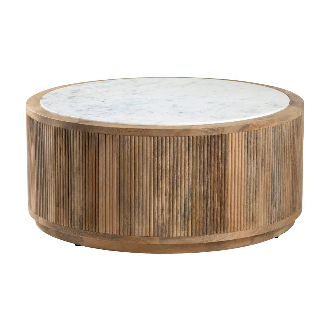 Round wooden coffee table with a white marble top on a white background
