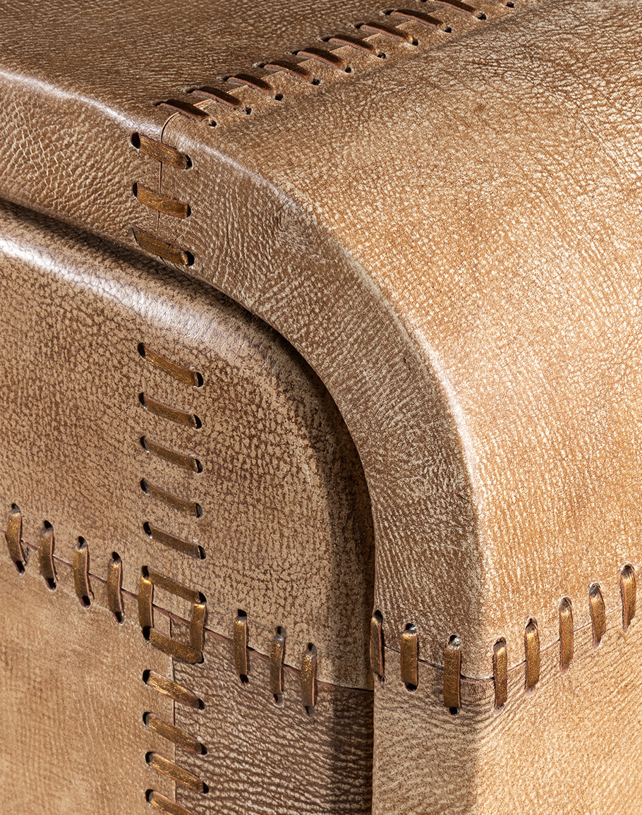 Sand Leather buffet - curved corners - palomino tan leather - large stitching - coastal compass home decor