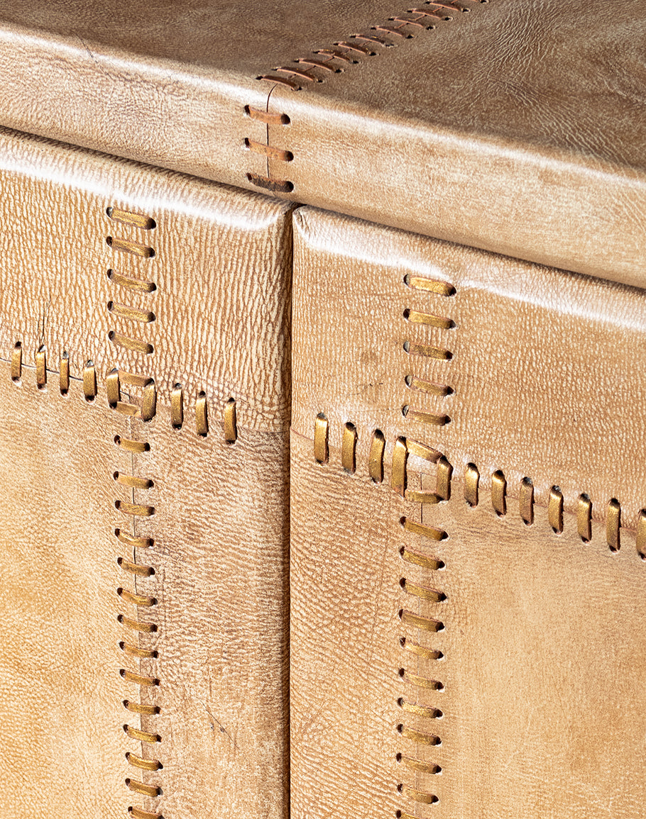Sand Leather buffet - curved corners - palomino tan leather - large stitching - coastal compass home decor