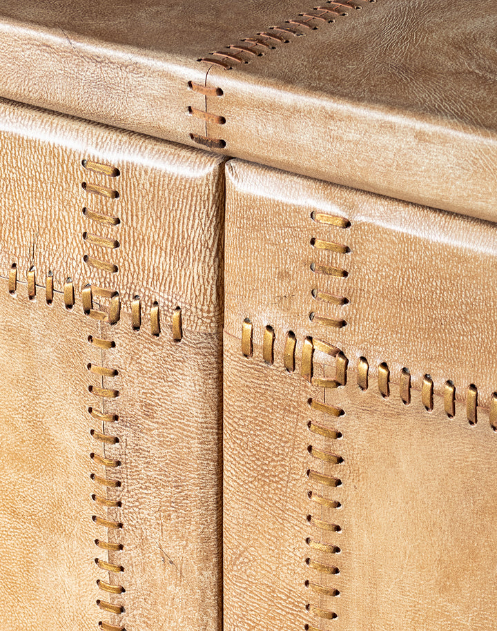 Sand Leather buffet - curved corners - palomino tan leather - large stitching - coastal compass home decor