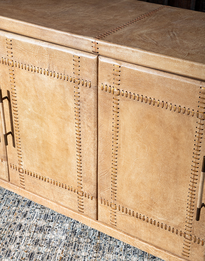 Sand Leather buffet - curved corners - palomino tan leather - large stitching - coastal compass home decor