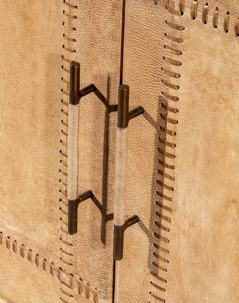 Sand Leather Buffet - 4 Doors - Leather wrapped brass handles - detailed stitching - Coastal Compass Home Decor