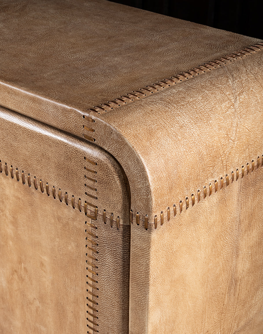 Sand leather buffet - stitching - curved edges - palomino leather - coastal compass home decor
