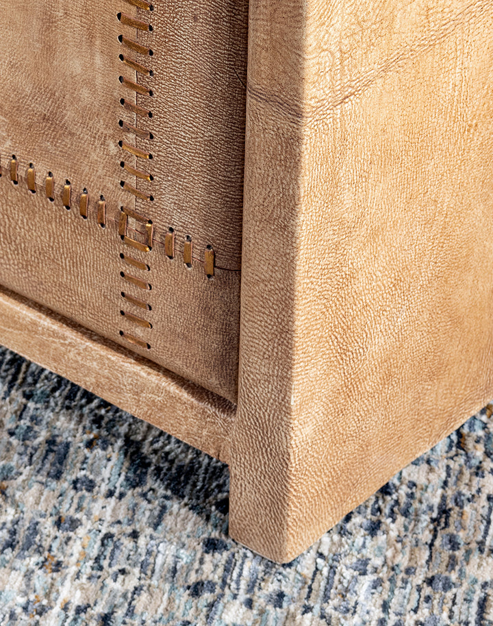 Sand Leather Buffet - Palomino tan leather - curved edges - stitching detail - coastal compass home decor
