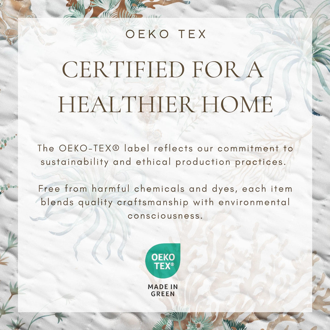 Oeko-Tex certified product with text about sustainability and ethical production practices.