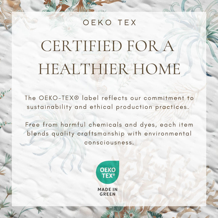 Oeko-Tex certified product with text about sustainability and ethical production practices.