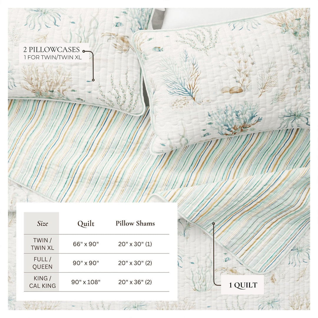 Santa Barbara Quilt set with pillowcases featuring a coastal design on a white background with a size chart