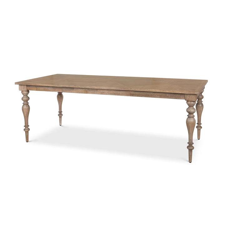 Side view of Santorini dining table highlighting classic turned legs and wood grain