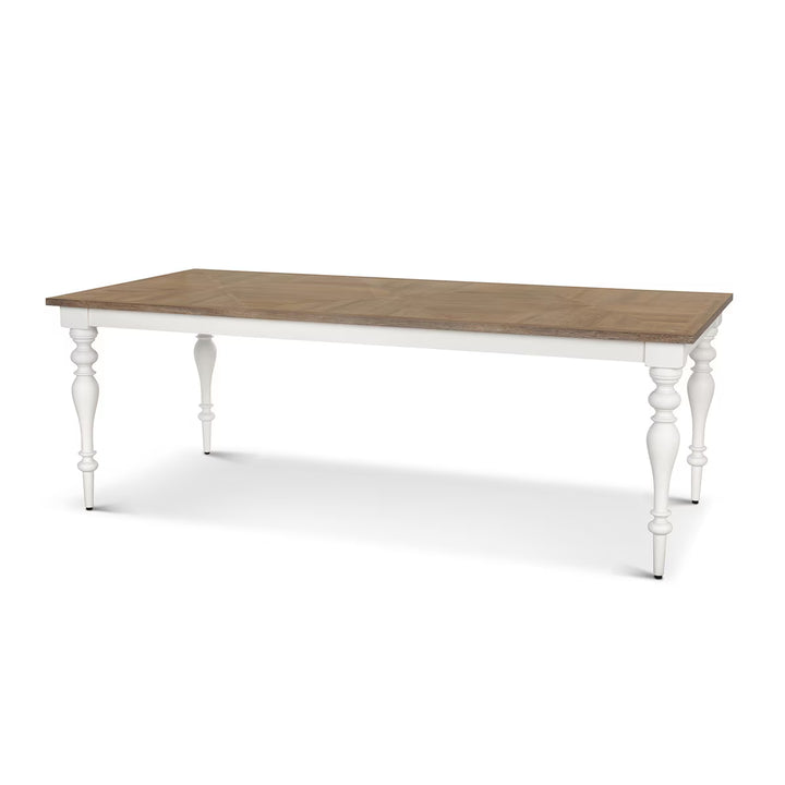 Santorini two-tone dining table with whitewash base and driftwood parquet top