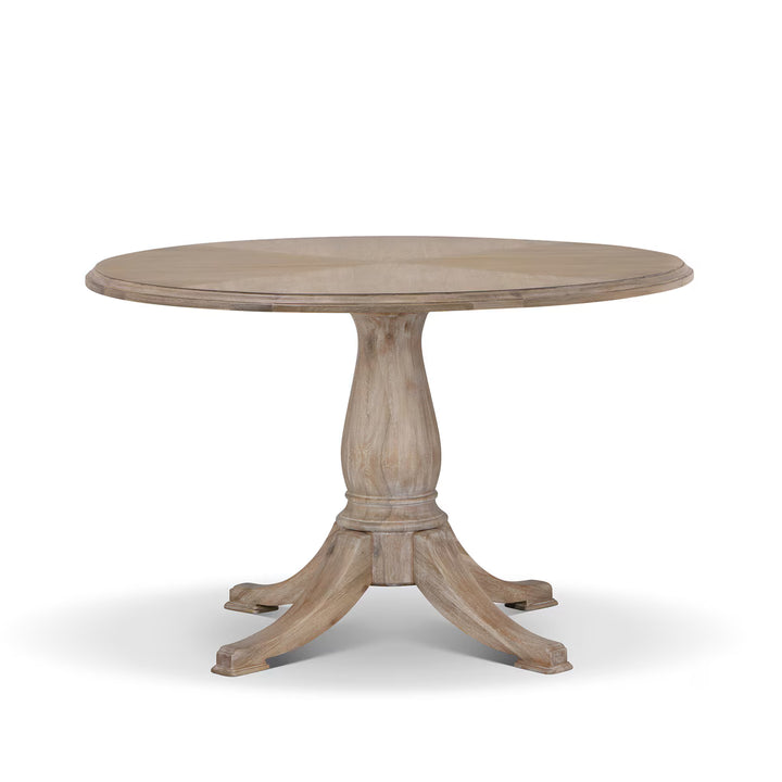 Santorini round pedestal dining table base with sculpted wood and curved feet detail