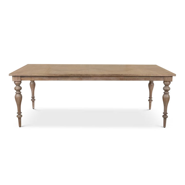 Santorini Dining Table in driftwood finish with parquet wood top and turned legs