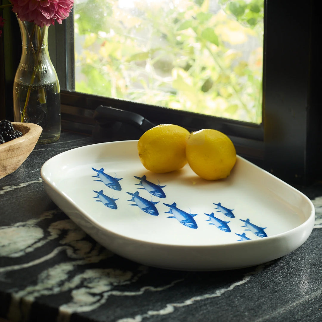 School of Fish Coupe Oval Platter - modern raised rim - Blue fish on white porcelain - Coastal Compass Home Decor