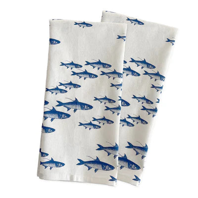 School of Fish Kitchen Towel Set - Blue Fish on White - Set of 2 - Detailed Fish - Coastal Compass Home Decor