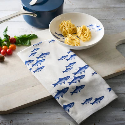 School of Fish Kitchen Towel Set - Blue Fish on White - Detailed Fish - Coastal Compass Home Decor