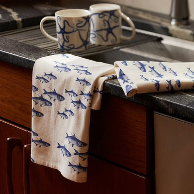 School of Fish Kitchen Towel Set - Blue Fish on White - Detailed Fish - Coastal Compass Home Decor